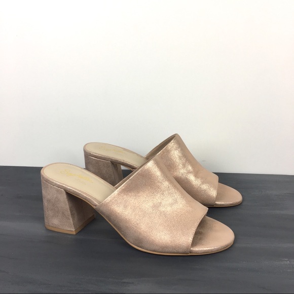 gold block heel mules